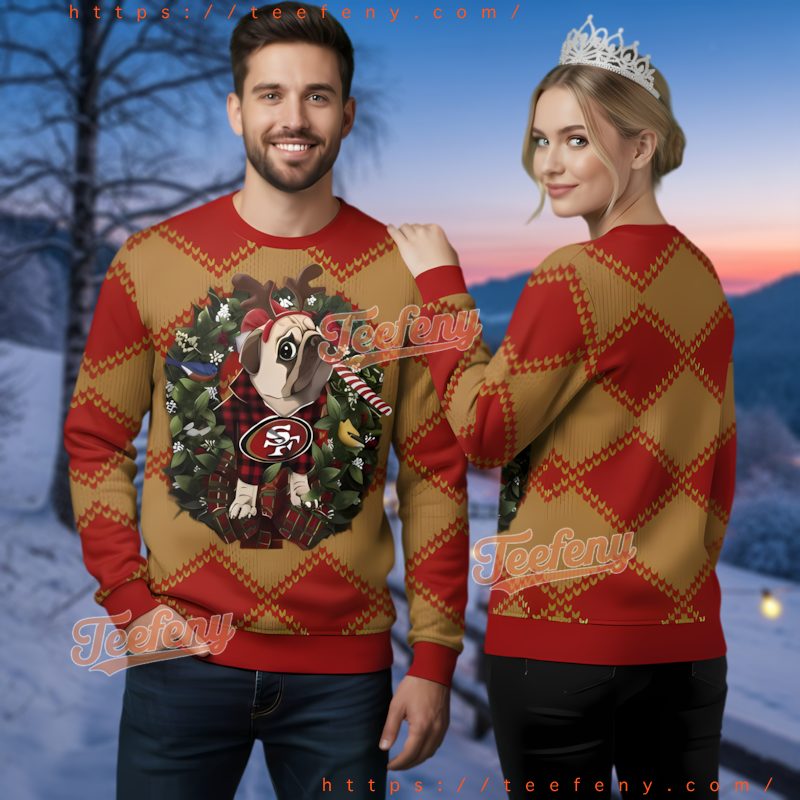 San Francisco 49Ers Pug Dog Reindeer Ugly Christmas Sweater Red Gold