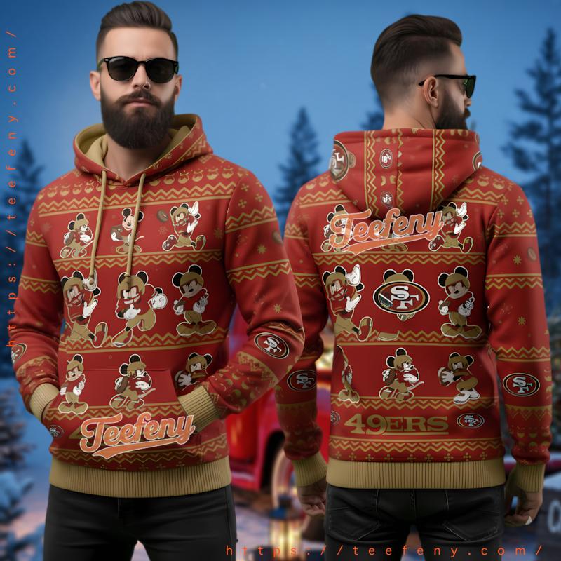 San Francisco 49Ers Red Gold Mickey Pattern Ugly Christmas 3D Hoodie San Francisco 49Ers Red Gold Mickey Pattern Ugly Christmas 3D Hoodie