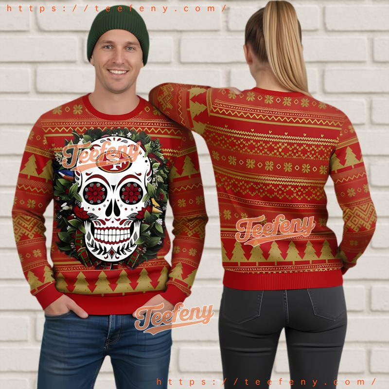 San Francisco 49Ers Sugar Skull Ugly Christmas Sweater Flower