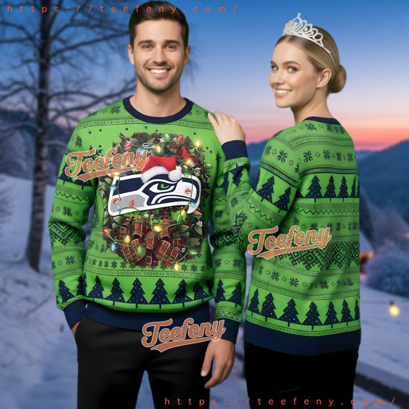 Seattle Seahawks Christmas Wreath Light Ugly Sweater