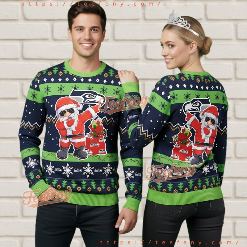 Seattle Seahawks Cool Santa Claus Ugly Christmas Sweater Navy Green