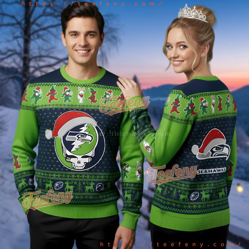 Seattle Seahawks Grateful Dead Skull Ugly Christmas Sweater Green