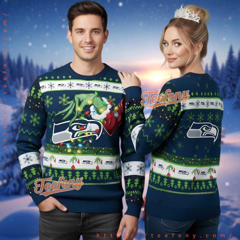 Seattle Seahawks Grinch Hand Logo Light Ugly Christmas Sweater