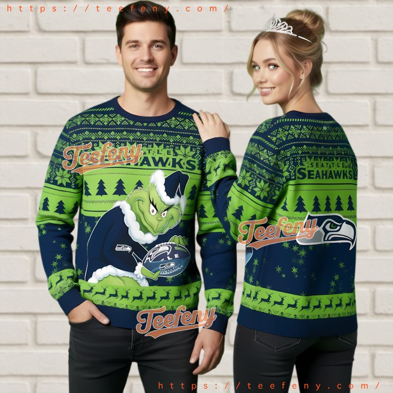 Seattle Seahawks Grinch Stealing Football Ugly Christmas Sweater