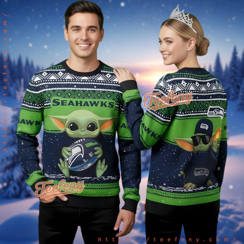 Seattle Seahawks Grogu Football Ugly Christmas Sweater