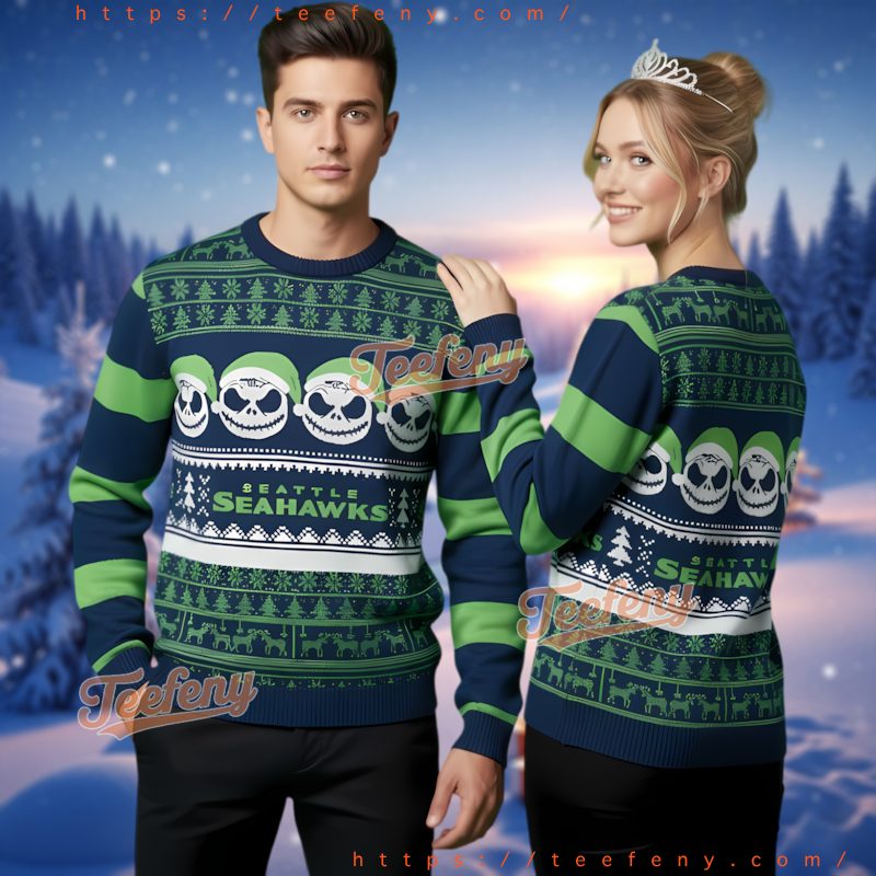 Seattle Seahawks Jack Skellington Santa Hat Ugly Christmas Sweater