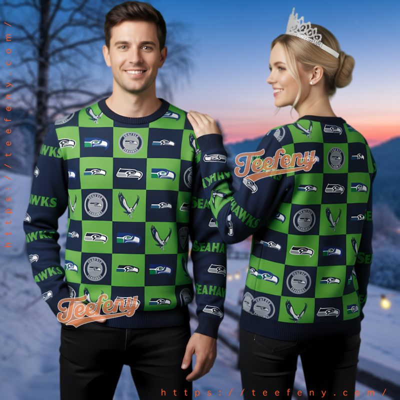 Seattle Seahawks Logo Checkerboard Ugly Christmas Sweater Pattern