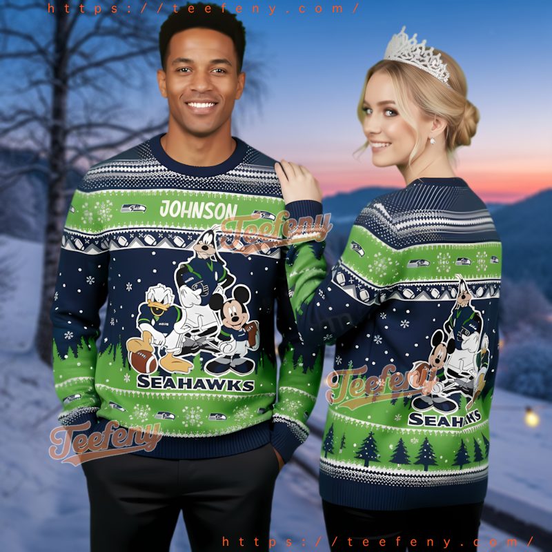 Seattle Seahawks Mickey Donald Goofy Christmas Sweater