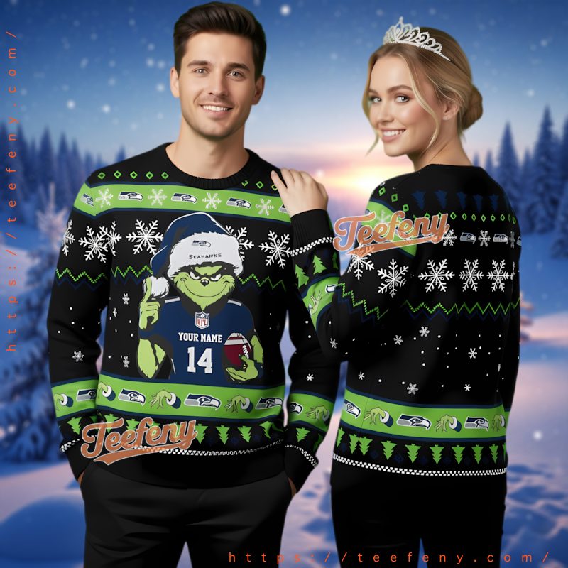 Seattle Seahawks Personalized Grinch Christmas Ugly Sweater Holiday Outfit