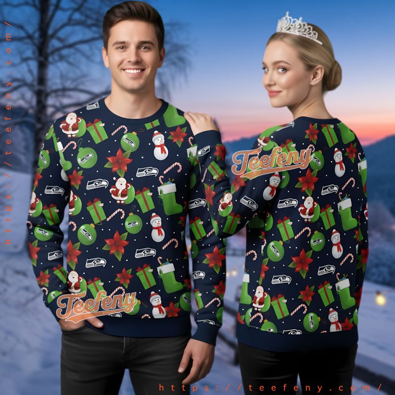 Seattle Seahawks Santa Snowman Candy Cane Ugly Christmas Sweater