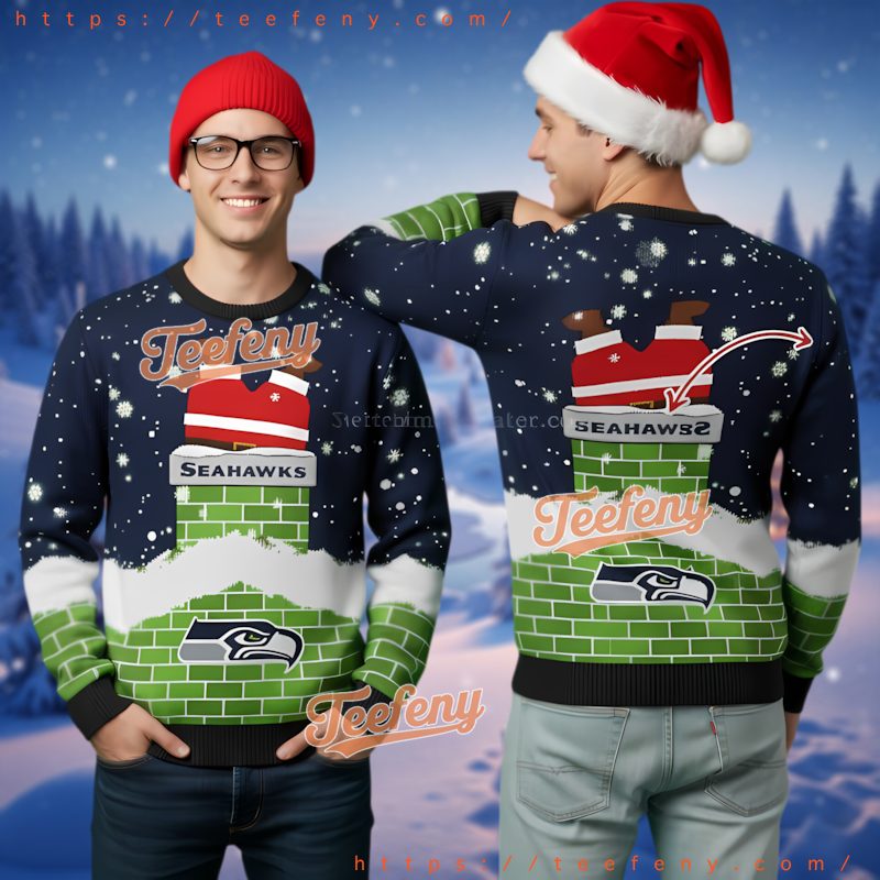 Seattle Seahawks Santa Stuck Chimney Funny Ugly Christmas Sweater