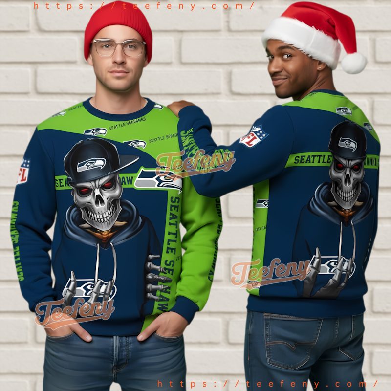 Seattle Seahawks Skeleton Skull Ugly Christmas Sweater