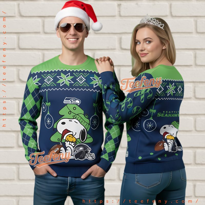 Seattle Seahawks Snoopy Christmas Tree Ugly Sweater