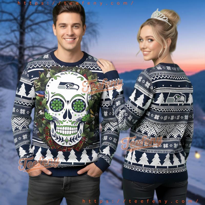 Seattle Seahawks Sugar Skull Ugly Christmas Sweater