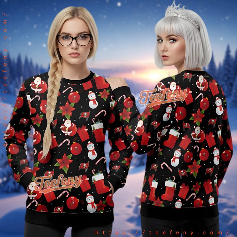 Tampa Bay Buccaneers Santa Snowman Ugly Christmas Sweater Black