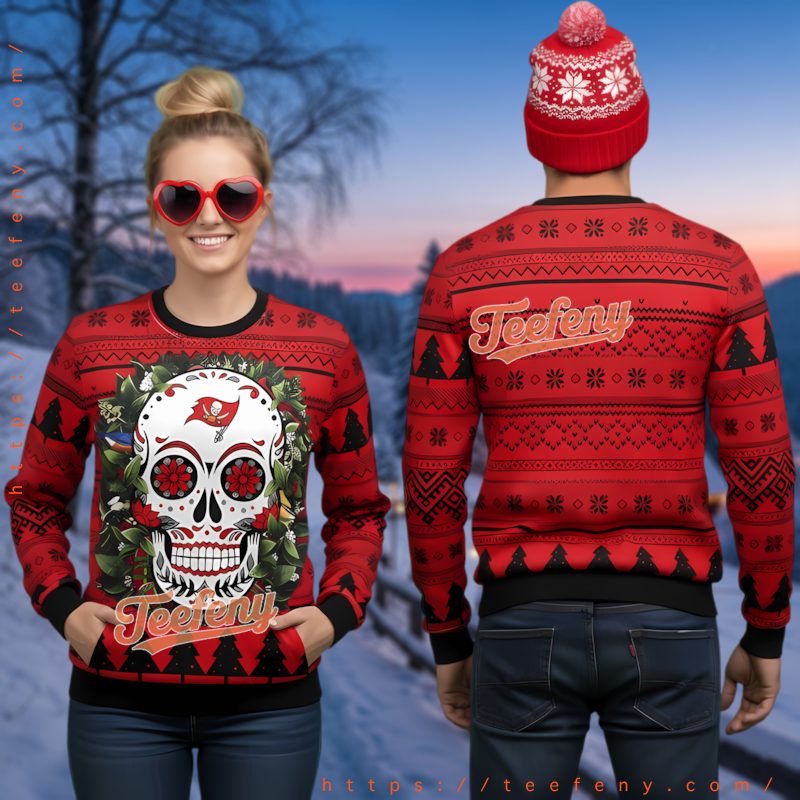 Tampa Bay Buccaneers Sugar Skull Ugly Christmas Sweater Red