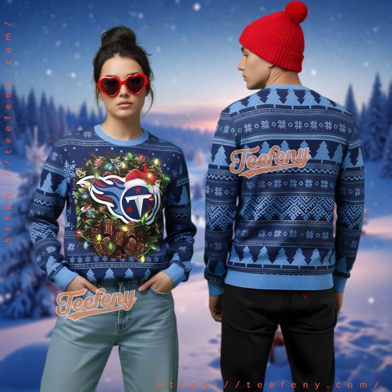 Tennessee Titans Christmas Lights Wreath Ugly Sweater Men Women