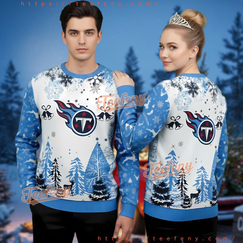 Tennessee Titans Christmas Sweater Blue Snowflakes Deer Design