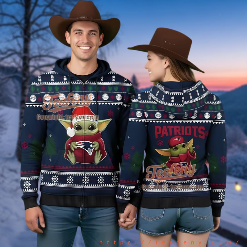 New England Patriots Baby Yoda Ugly Christmas 3D Full Zip Hoodie