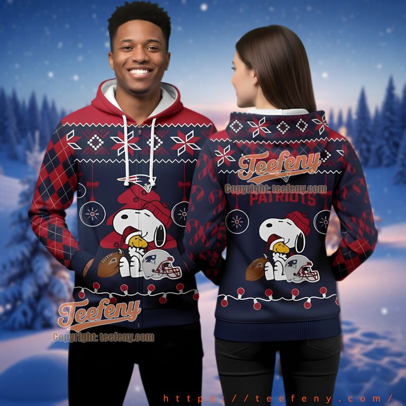 New England Patriots Cute Snoopy Woodstock Ugly Christmas 3D Zip Up Hoodie