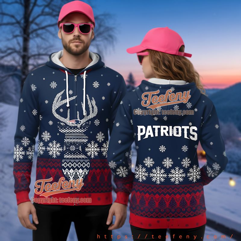 New England Patriots Deer Antler Ugly Christmas 3D Hoodie