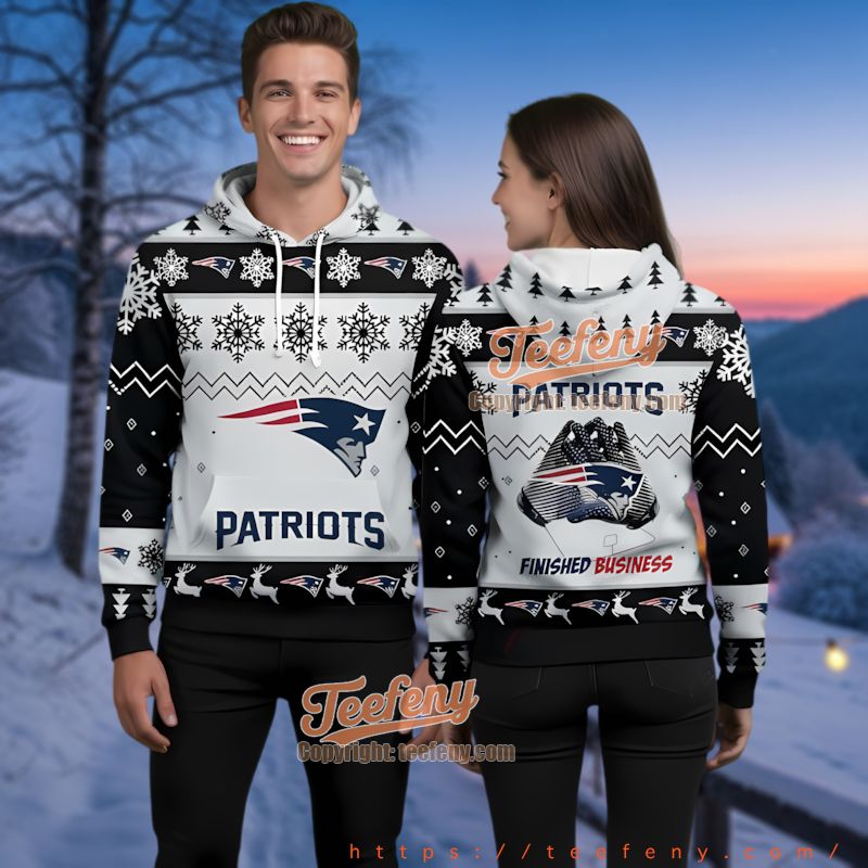 New England Patriots Finished Business Ugly Christmas 3D Hoodie Black White