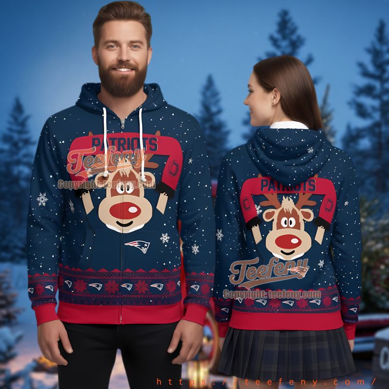 New England Patriots Funny Reindeer Ugly Christmas 3D Zip Up Hoodie