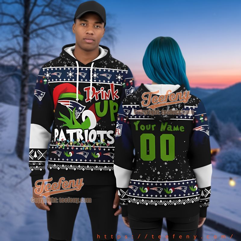 New England Patriots Grinch Drink Up Ugly Christmas 3D Hoodie