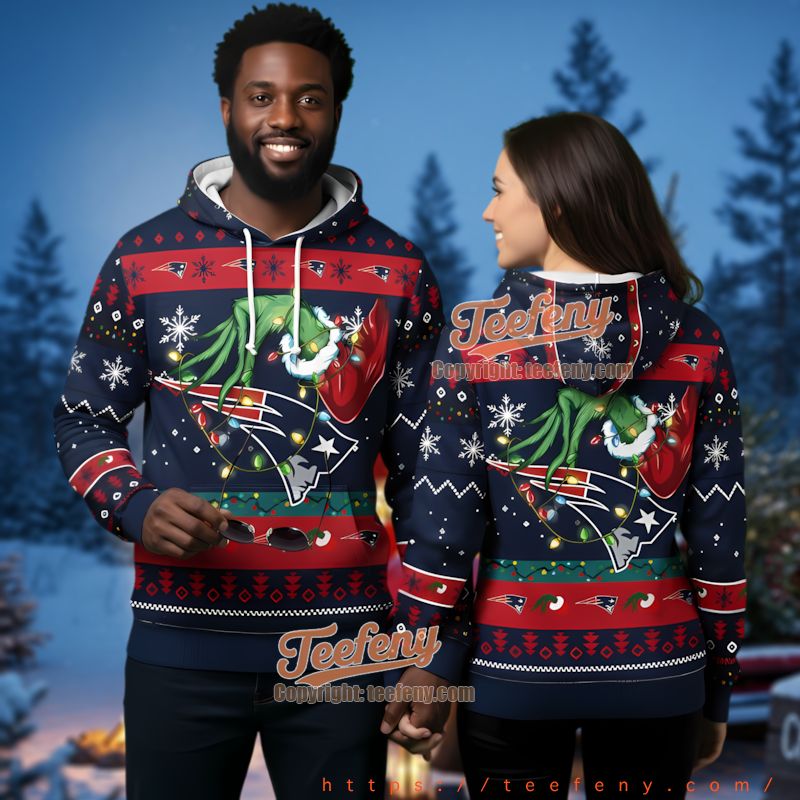 New England Patriots Grinch Hand Ugly Christmas 3D Hoodie Light