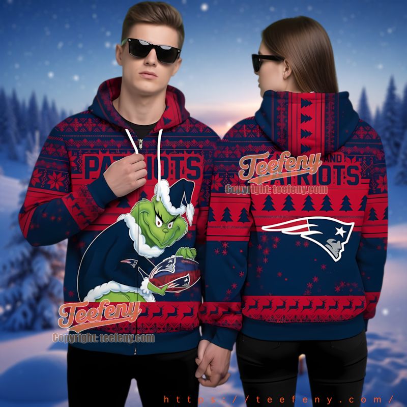 New England Patriots Grinch Santa Ugly Christmas 3D Zip Hoodie