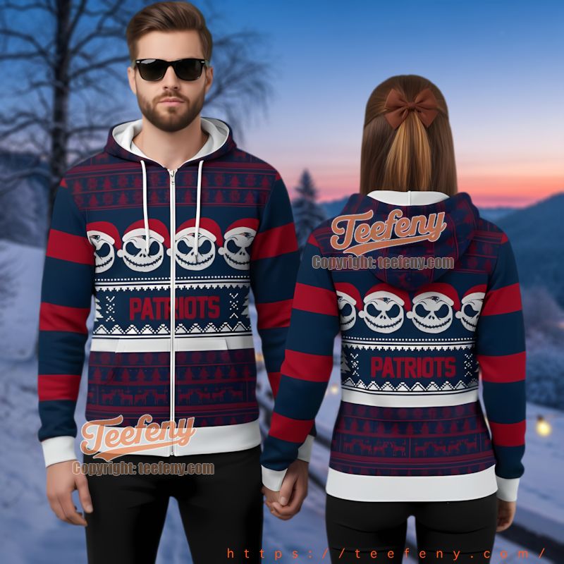 New England Patriots Jack Skellington Ugly Christmas 3D Zip Up Hoodie