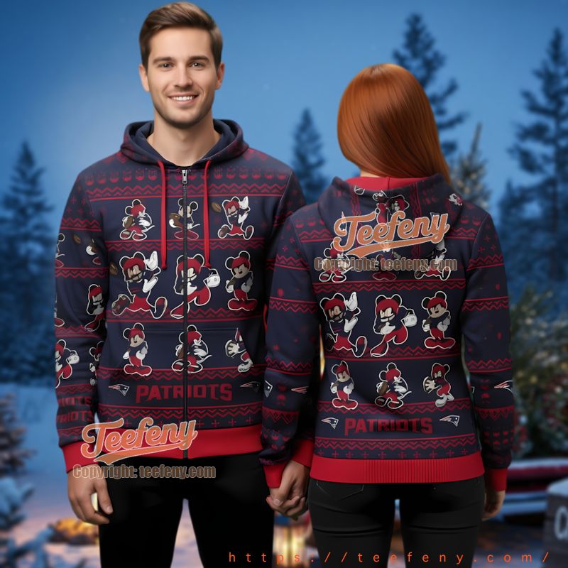 New England Patriots Mickey Mouse Pattern Ugly Christmas 3D Hoodie