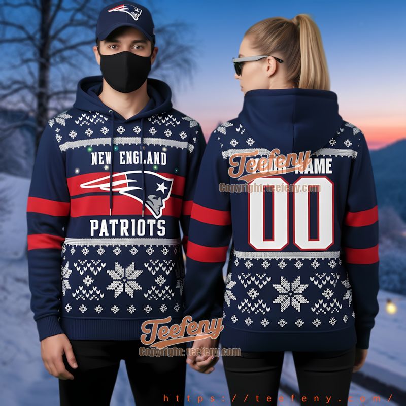 New England Patriots Navy Blue Ugly Christmas 3D Hoodie Custom Print