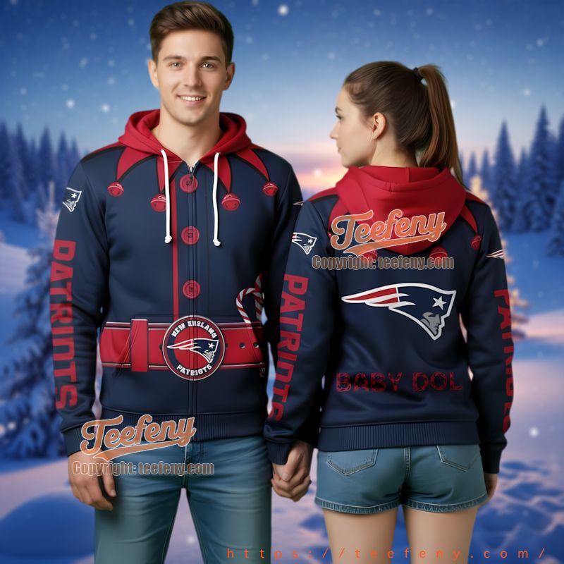 New England Patriots Navy Red Ugly Christmas 3D Full Zip Hoodie Bells