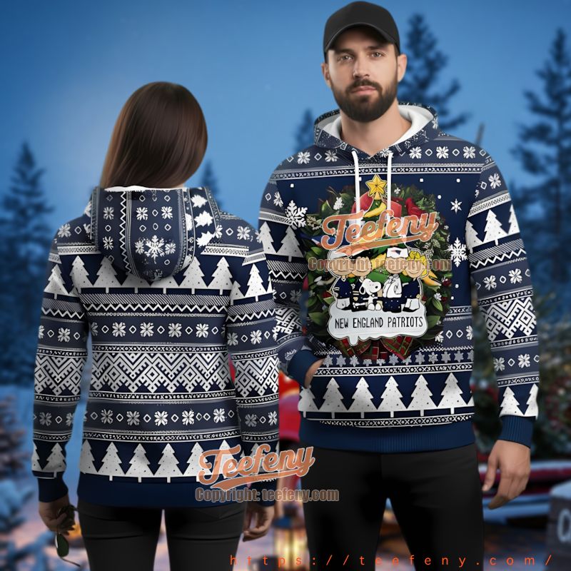New England Patriots Peanuts Christmas Wreath Ugly 3D Pullover Hoodie
