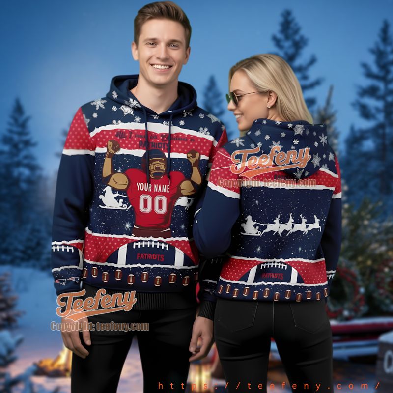 New England Patriots Personalized Ugly Christmas 3D Hoodie Santa Sleigh