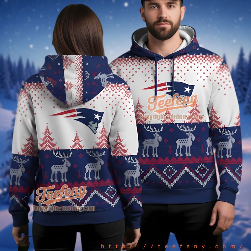 New England Patriots Reindeer Fair Isle Ugly Christmas 3D Hoodie