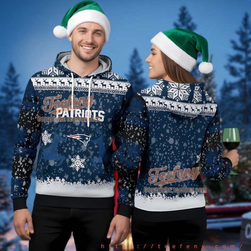 New England Patriots Reindeer Pattern Ugly Christmas 3D Hoodie
