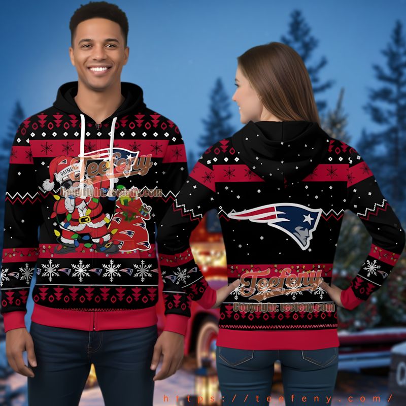 New England Patriots Santa Claus Ugly Christmas 3D Zip Up Hoodie