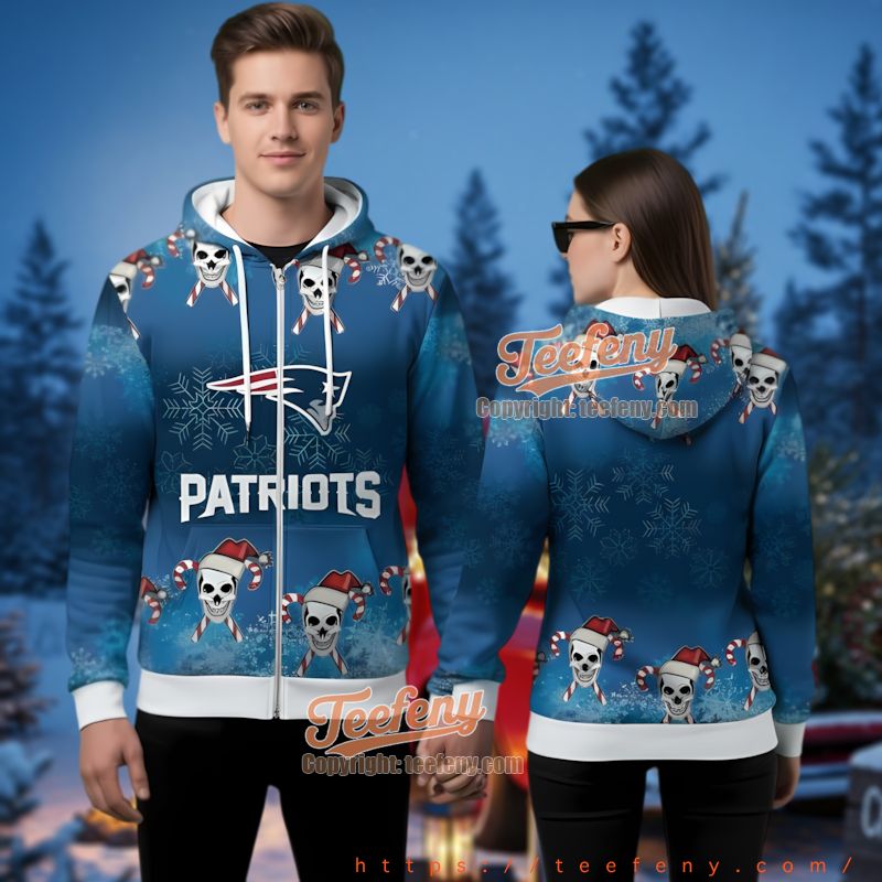 New England Patriots Skull Candy Cane Ugly Christmas 3D Zip Hoodie