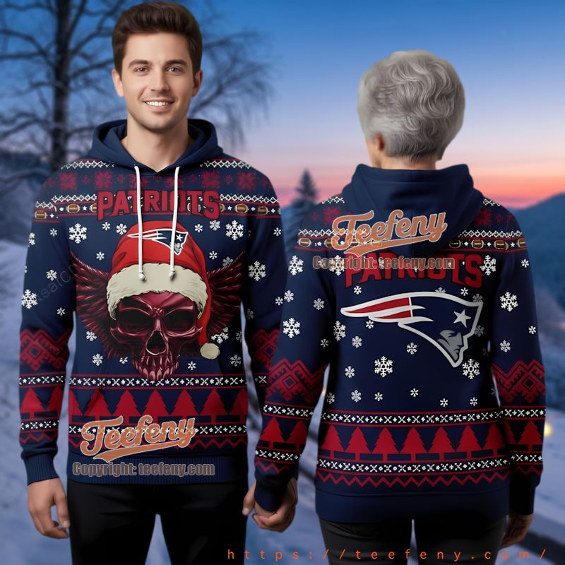 New England Patriots Skull Santa Hat Ugly Christmas 3D Pullover Hoodie
