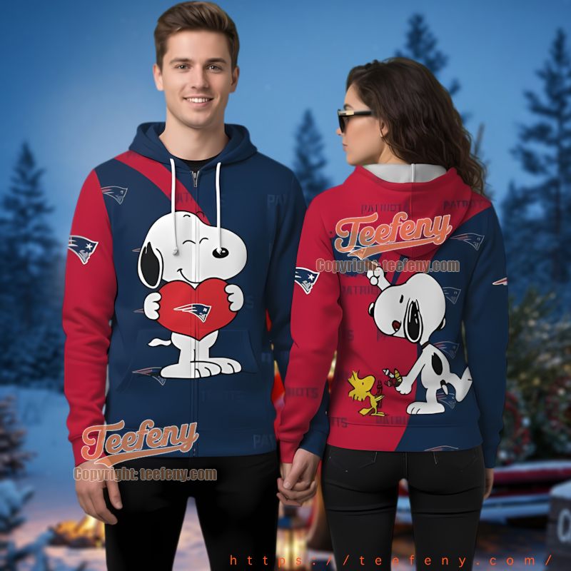 New England Patriots Snoopy Love Heart 3D Full Zip Up Hoodie