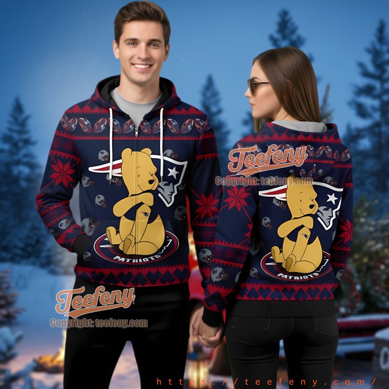 New England Patriots Winnie The Pooh Ugly Christmas 3D Zip Hoodie