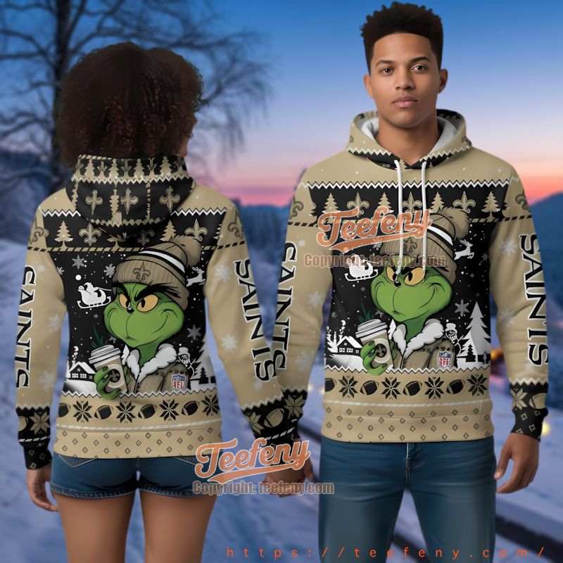 New Orleans Saints Funny Grinch Coffee Ugly Christmas 3D Hoodie