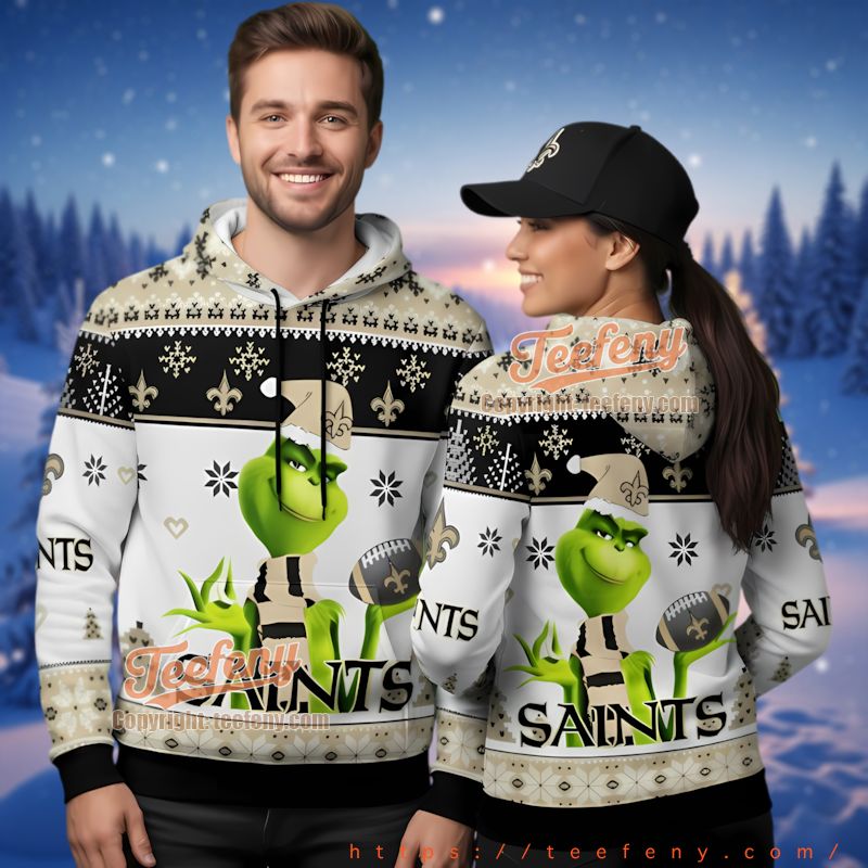 New Orleans Saints Funny Grinch Santa Hat Christmas 3D Hoodie