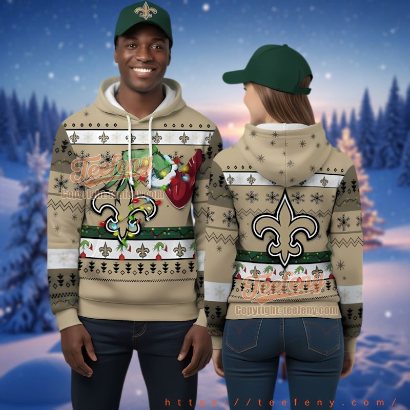 New Orleans Saints Grinch Hand Ugly Christmas 3D Hoodie Khaki Tan