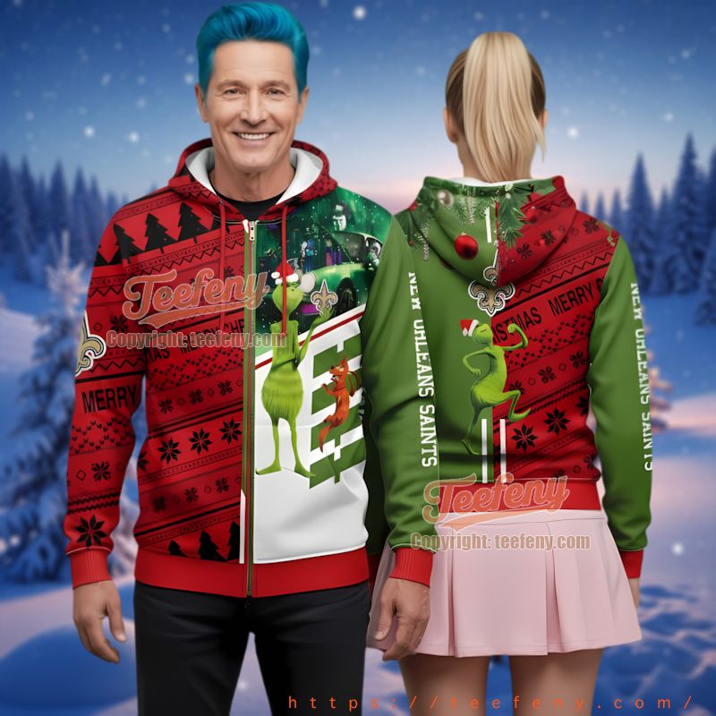 New Orleans Saints Grinch Who Stole Christmas Ugly 3D Zipper Hoodie