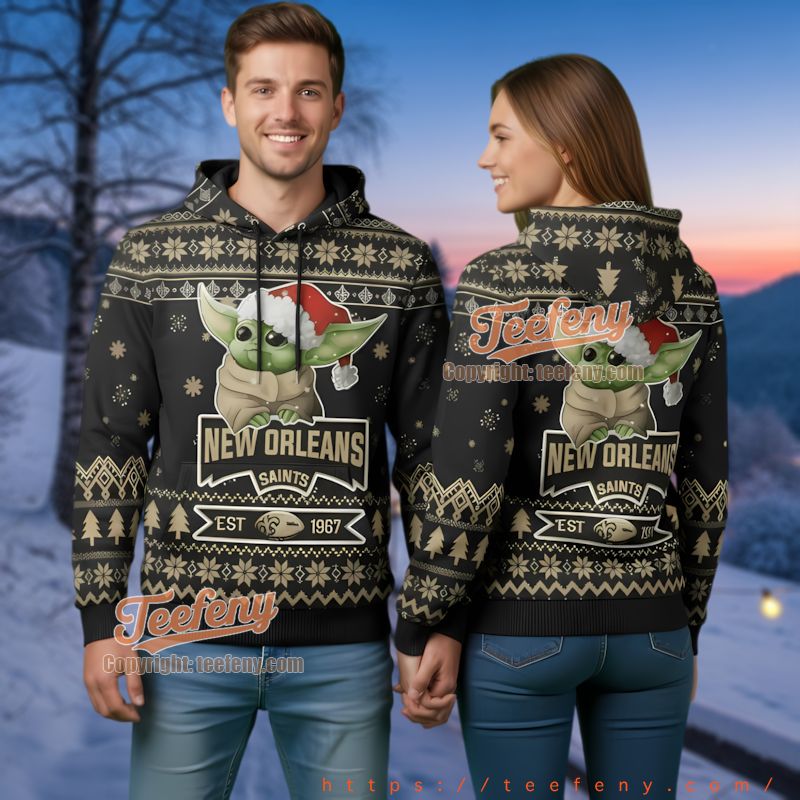 New Orleans Saints Grogu Ugly Christmas 3D Hoodie Mandelorian Fan