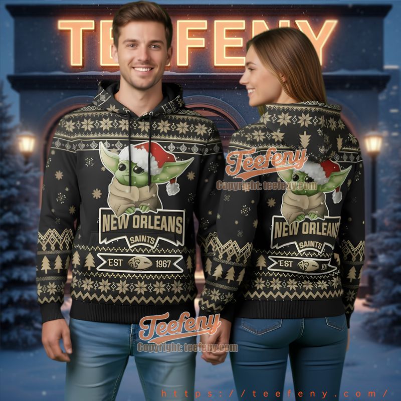 New Orleans Saints Grogu Ugly Christmas 3D Hoodie Mandelorian Fan New Orleans Saints Grogu Ugly Christmas 3D Hoodie Mandelorian Fan
