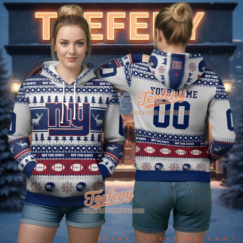 New York Giants Custom Name Number Ugly Christmas 3D Hoodie New York Giants Custom Name Number Ugly Christmas 3D Hoodie